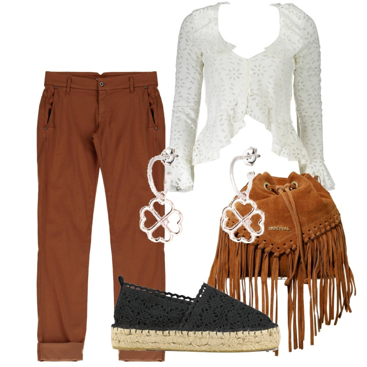 Outfit donna - Boho. Stile Boho per Tutti i giorni. Abbinamento con orecchini, pantaloni, borse a secchiello, espadrillas, camicie.