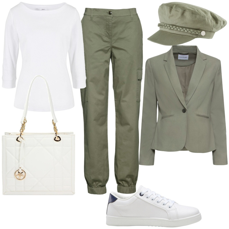 Outfit donna - Uno stile per tutti i giorni. Stile Casual per Tutti i giorni. Abbinamento con pantaloni cargo, blazer, maglieria, sneakers, cappelli, borse a spalla.