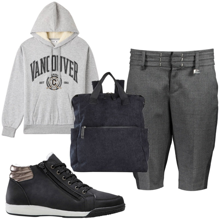 Outfit donna - Total look #1847919. Stile Basic per Scuola/Università. Abbinamento con sneakers alte, zaini, felpe con cappuccio, pantaloni capri.