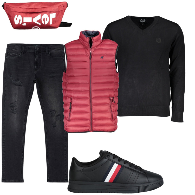 Outfit uomo - Primavera in Tommy Hilfiger. Stile Casual per Tutti i giorni. Abbinamento con sneakers, jeans strappati, borse sportive, giacche, maglieria.