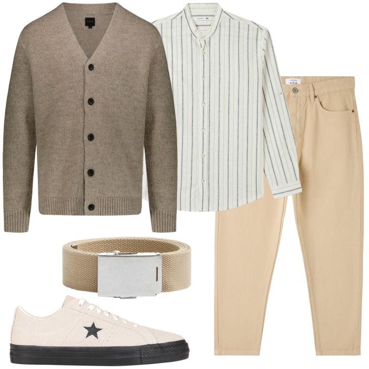 Outfit uomo - Il brunch. Stile Casual per Tutti i giorni. Abbinamento con sneakers, camicie, pantaloni, cinture, cardigans.
