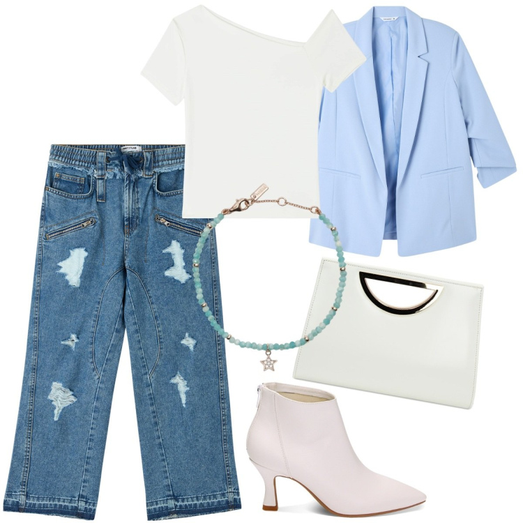Outfit donna - I jeans strappati. Stile Casual chic per Tutti i giorni. Abbinamento con jeans strappati, t-shirt, blazer, braccialetti, stivaletti, pochette.