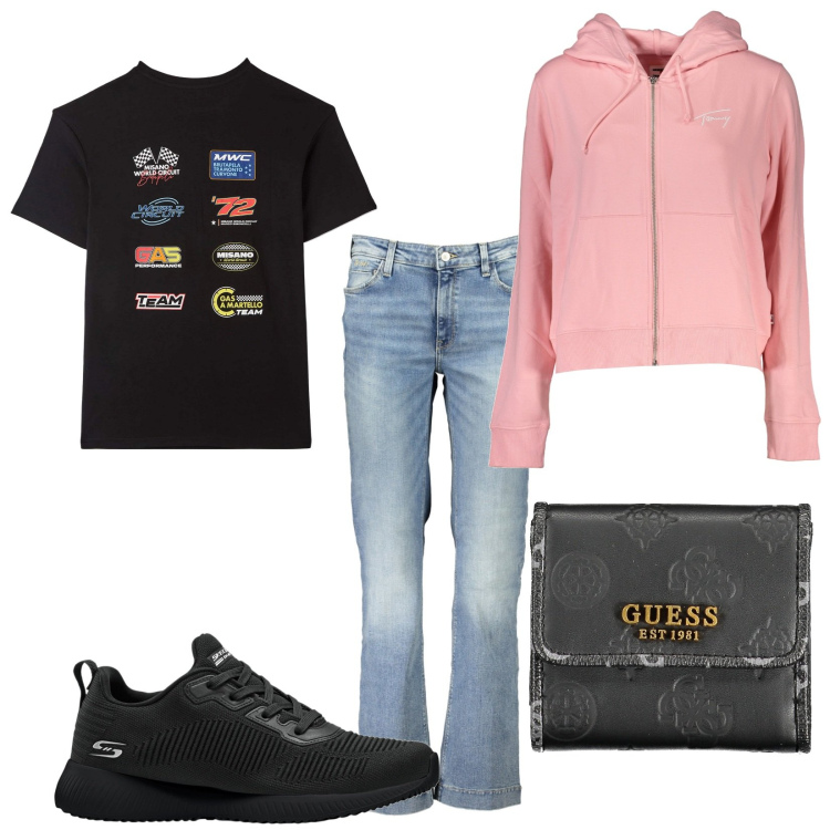 Outfit donna - Total look #1847961. Stile Casual per Tutti i giorni. Abbinamento con sneakers, t-shirt, jeans, felpe con cappuccio, portafogli.