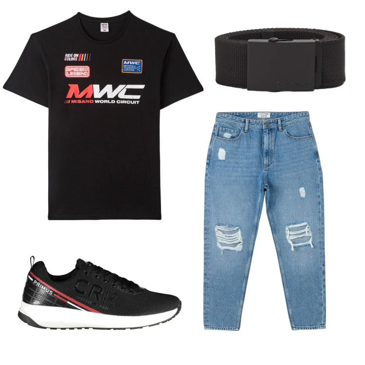 Outfit uomo - Total look #1847970. Stile Casual per Tutti i giorni. Abbinamento con jeans strappati, t-shirt, cinture, scarpe sportive.