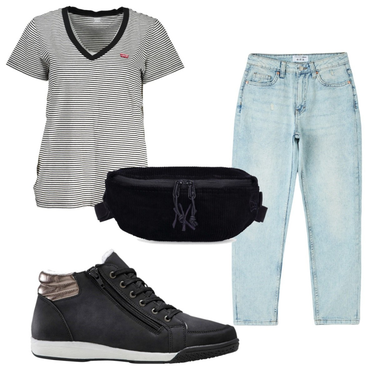 Outfit donna - Total look #1847977. Stile Trendy per Tutti i giorni. Abbinamento con sneakers alte, jeans mom, t-shirt, marsupi.