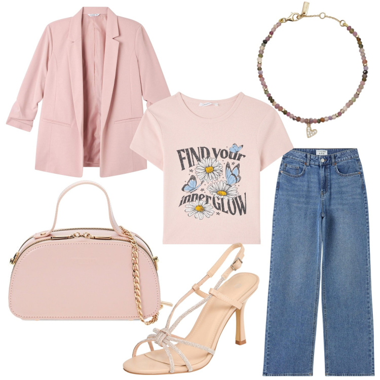 Outfit donna - Rosa sui jeans. Stile Casual chic per Ufficio. Abbinamento con jeans, sandali col tacco, blazer, t-shirt, braccialetti, borse a mano.