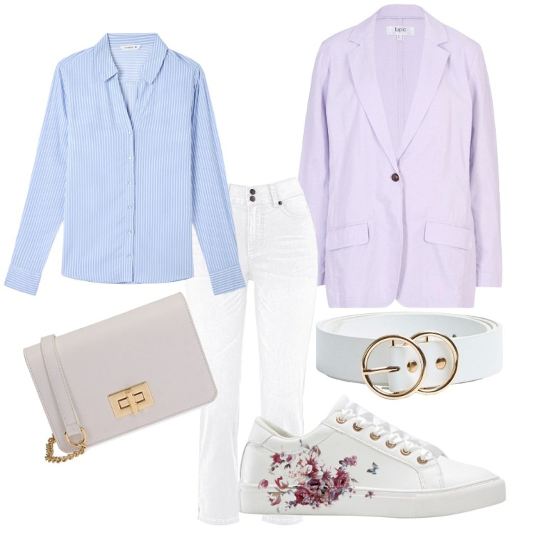 Outfit donna - Lila flor. Stile Casual per Tutti i giorni. Abbinamento con sneakers, jeans slim fit, blazer, camicie, cinture, borse a tracolla.