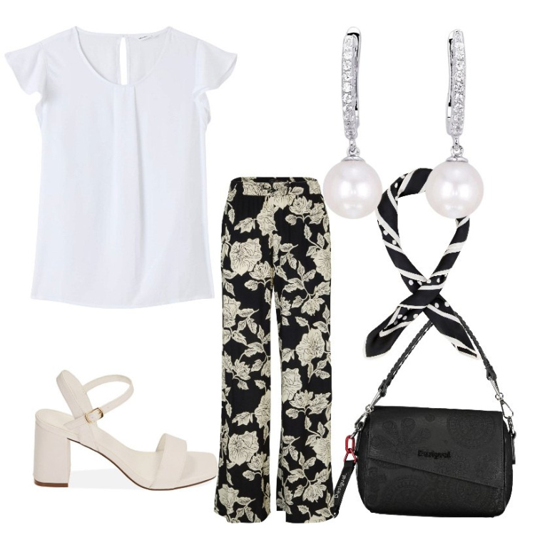 Outfit donna - In ufficio. Stile Casual chic per Ufficio. Abbinamento con pantaloni a palazzo, bluse, orecchini, foulard, sandali col tacco, borse a spalla.