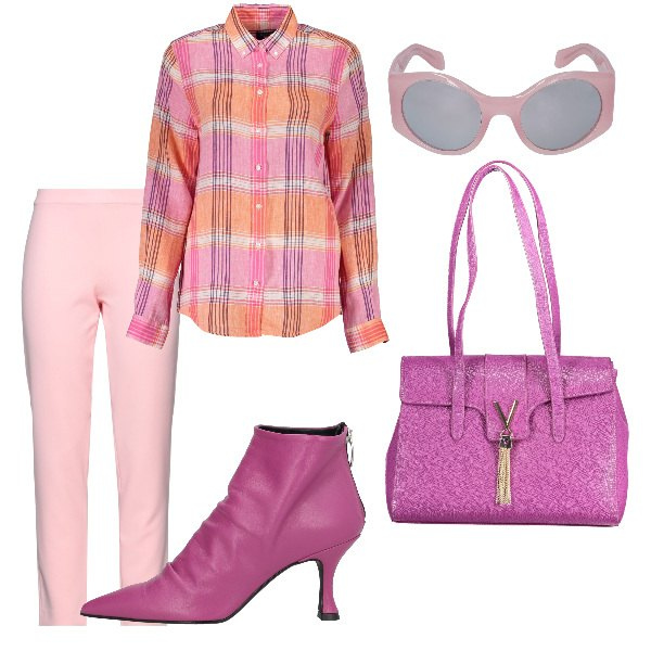 Outfit donna - Rosa pastello e non solo. Stile Casual chic per Tutti i giorni. Abbinamento con stivaletti, pantaloni, borse a spalla, occhiali da sole, camicie.