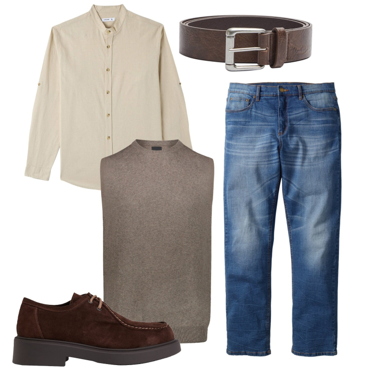 Outfit uomo - Le stringate terra bruciata. Stile Casual per Tutti i giorni. Abbinamento con jeans dritti, scarpe stringate, camicie, cinture, gilet.