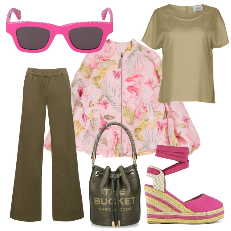 Outfit donna - Nuance rosa e verde. Stile Urban per Tutti i giorni. Abbinamento con blazer, espadrillas, bluse, pantaloni, borse a secchiello, occhiali da sole.