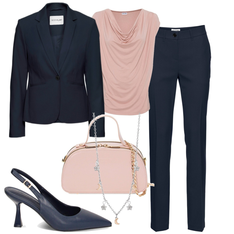 Outfit donna - Chic in blu e rosa. Stile Chic per Tutti i giorni. Abbinamento con pantaloni, maglieria, blazer, collane, décolleté, borse a mano.