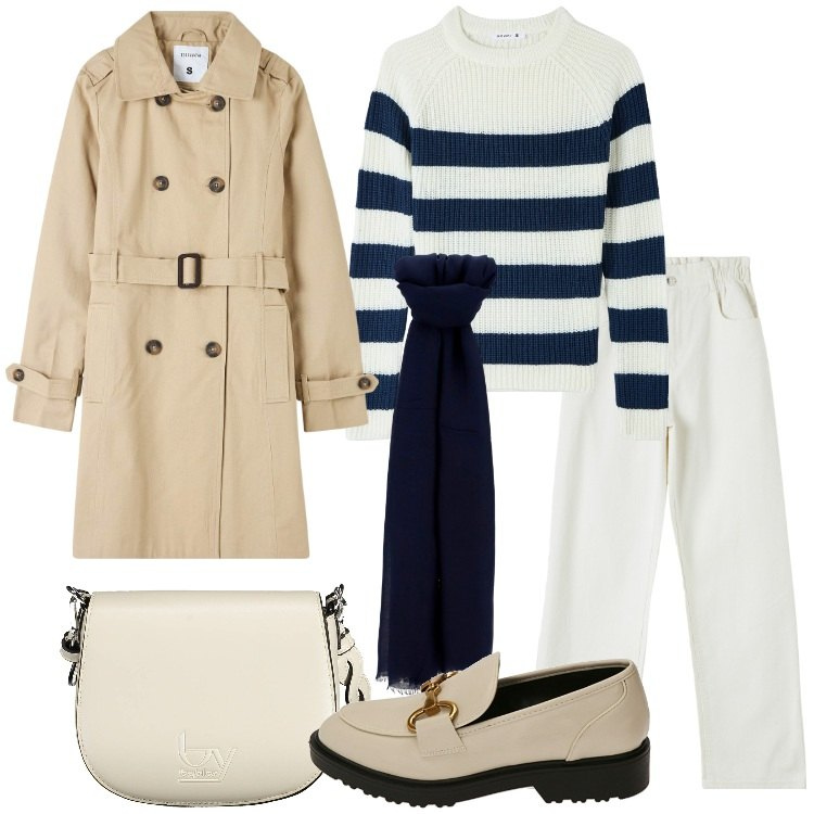Outfit donna - Il trench per la primavera. Stile Basic per Tutti i giorni. Abbinamento con trench, maglieria, pantaloni, foulard, mocassini, borse a spalla.