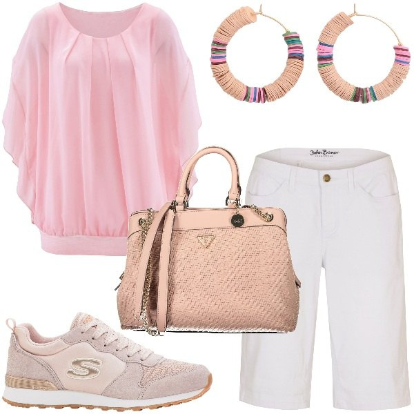 Outfit donna - Bantoa - Mid Season Sale. Stile Glamour per Tutti i giorni. Abbinamento con bluse, sneakers, bermuda, orecchini, borse a spalla.