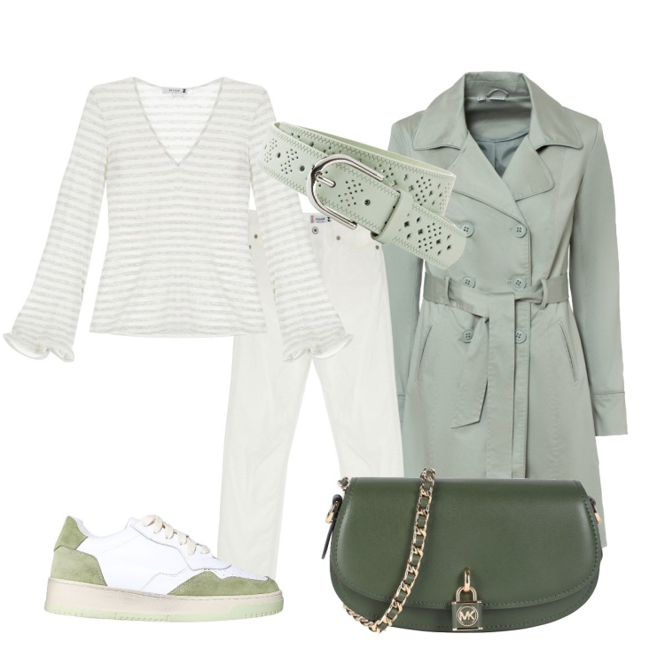 Outfit donna - Bianco e sfumature verdi. Stile Sporty chic per Tutti i giorni. Abbinamento con trench, cinture, borse a tracolla, t-shirt, jeans, sneakers.