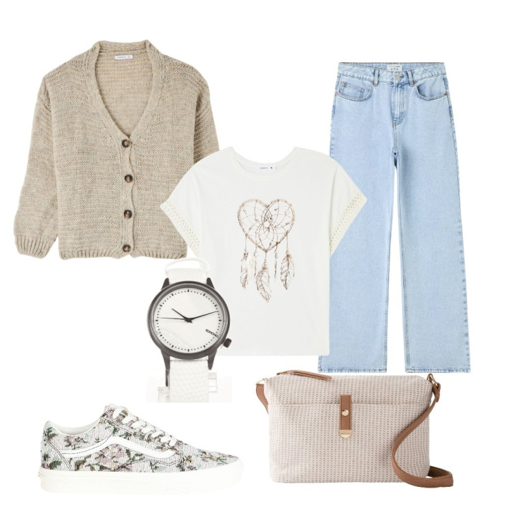 Outfit donna - Jeans pastel. Stile Boho per Tutti i giorni. Abbinamento con borse a tracolla, sneakers, orologi, jeans, cardigans, t-shirt.