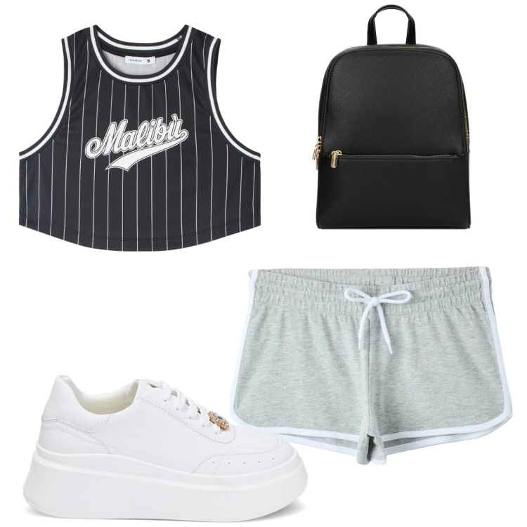 Outfit donna - Total look #1848089. Stile Trendy per Sport. Abbinamento con canottiere, shorts, sneakers, zaini.