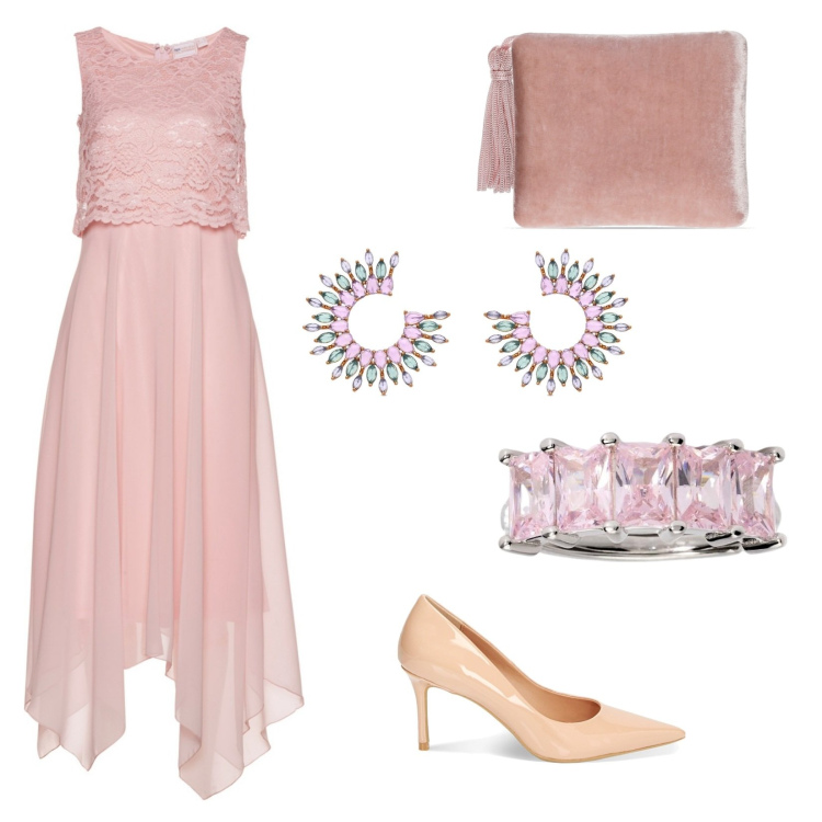 Outfit donna - Rosy pastel chic. Stile Bon Ton per Cerimonia. Abbinamento con vestiti midi/longuette, orecchini, anelli, décolleté, pochette.