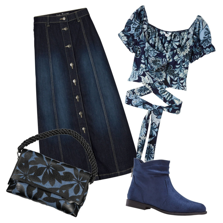 Outfit donna - Denim e nero. Stile Casual chic per Serata fuori. Abbinamento con gonne longuette, stivaletti, bluse, borse a spalla.