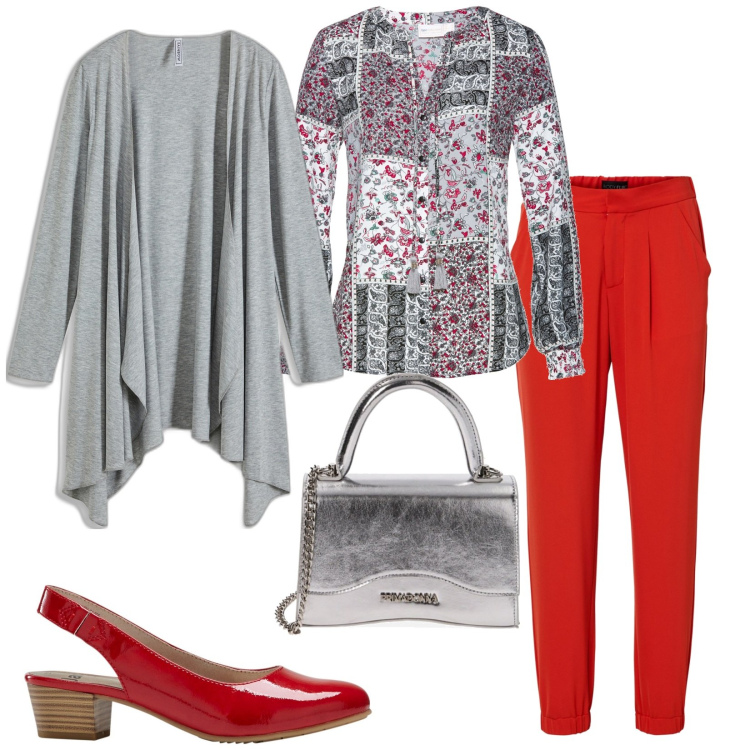 Outfit donna - Rosso e grigio. Stile Casual chic per Tutti i giorni. Abbinamento con bluse, décolleté, pantaloni, cardigans, borse a mano.