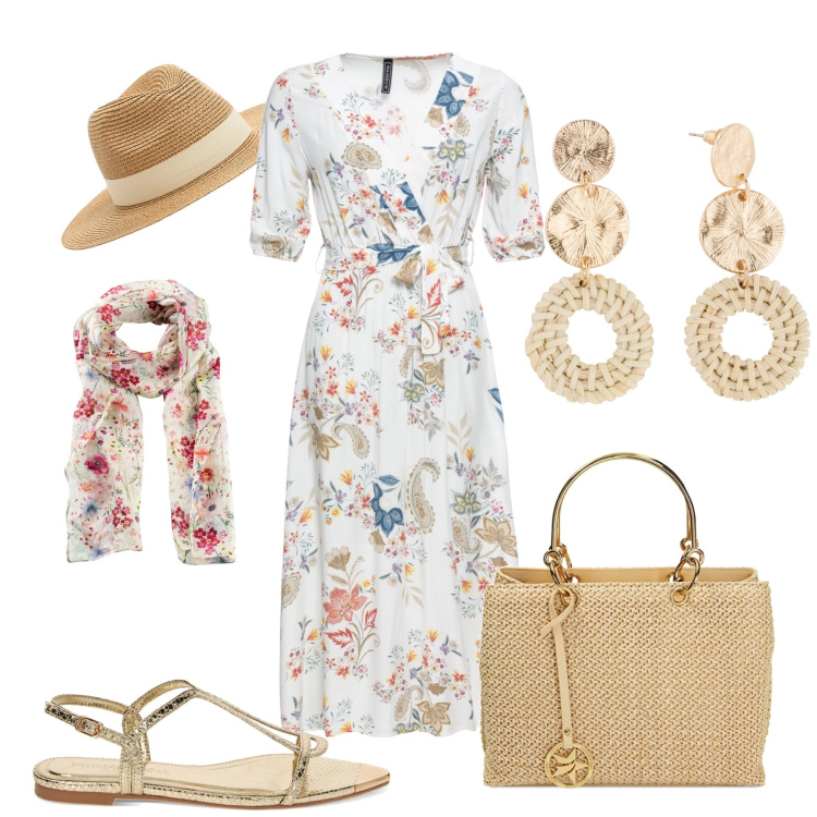Outfit donna - Bohémien tendenza primaverile. Stile Trendy per Tutti i giorni. Abbinamento con orecchini, foulard, vestiti midi/longuette, cappelli, sandali, borse a mano.