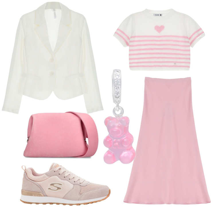 Outfit donna - Sweet primavera. Stile Casual chic per Tutti i giorni. Abbinamento con sneakers, ciondoli, maglieria, gonne longuette, blazer, borse a spalla.