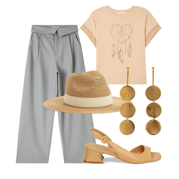 Outfit donna - Mi sento libera di uscire. Stile Casual per Tutti i giorni. Abbinamento con t-shirt, cappelli, pantaloni, sandali col tacco, orecchini.