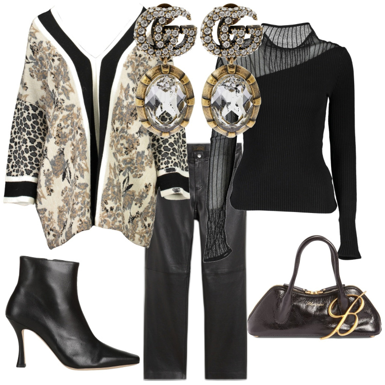 Outfit donna - Serata evento glamour. Stile Glamour per Serata fuori. Abbinamento con pantaloni, stivaletti, maglieria, maglieria, borse a mano, orecchini.