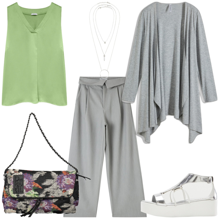 Outfit donna - Primi caldi. Stile Trendy per Tutti i giorni. Abbinamento con ciondoli, sandali col tacco, cardigans, pantaloni, top, borse a mano.