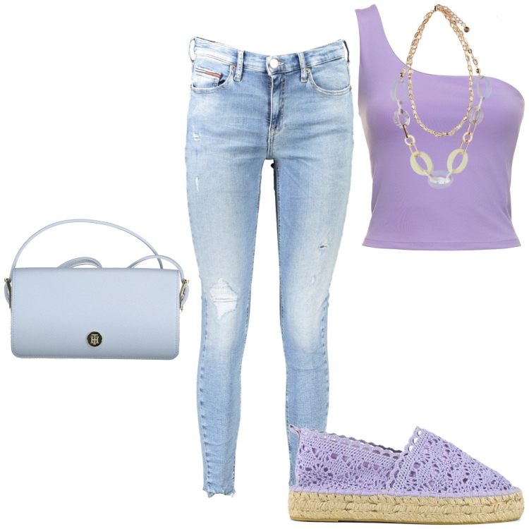 Outfit donna - Voglia d\'estate. Stile Casual per Tutti i giorni. Abbinamento con espadrillas, jeans skinny, canottiere, ciondoli, borse a spalla.