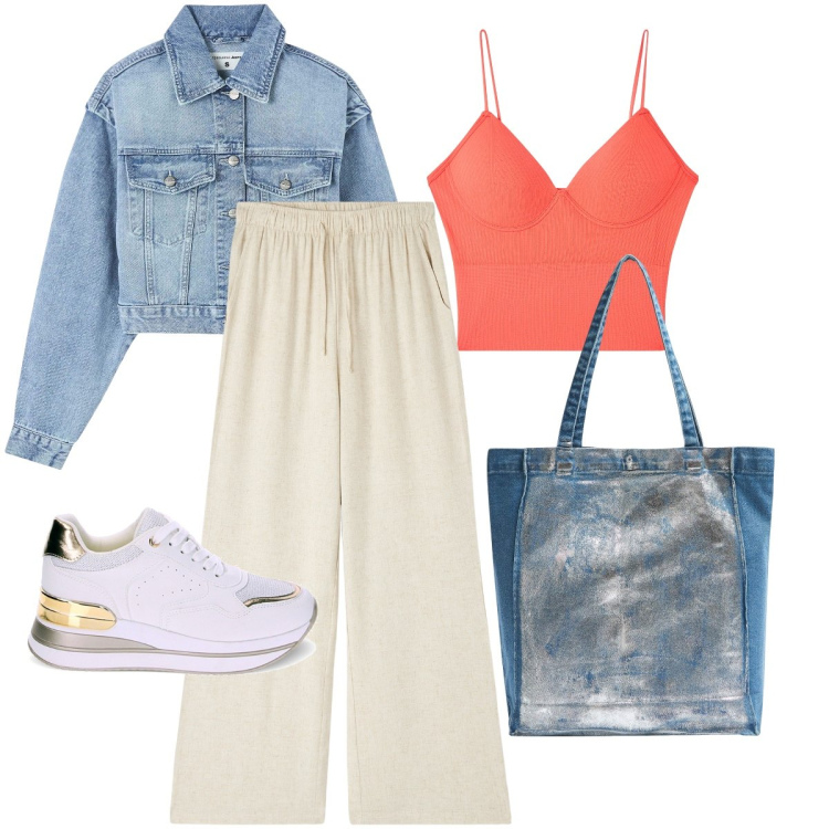 Outfit donna - Il top arancio. Stile Casual per Tutti i giorni. Abbinamento con pantaloni, blazer, top, shopping bag, sneakers.