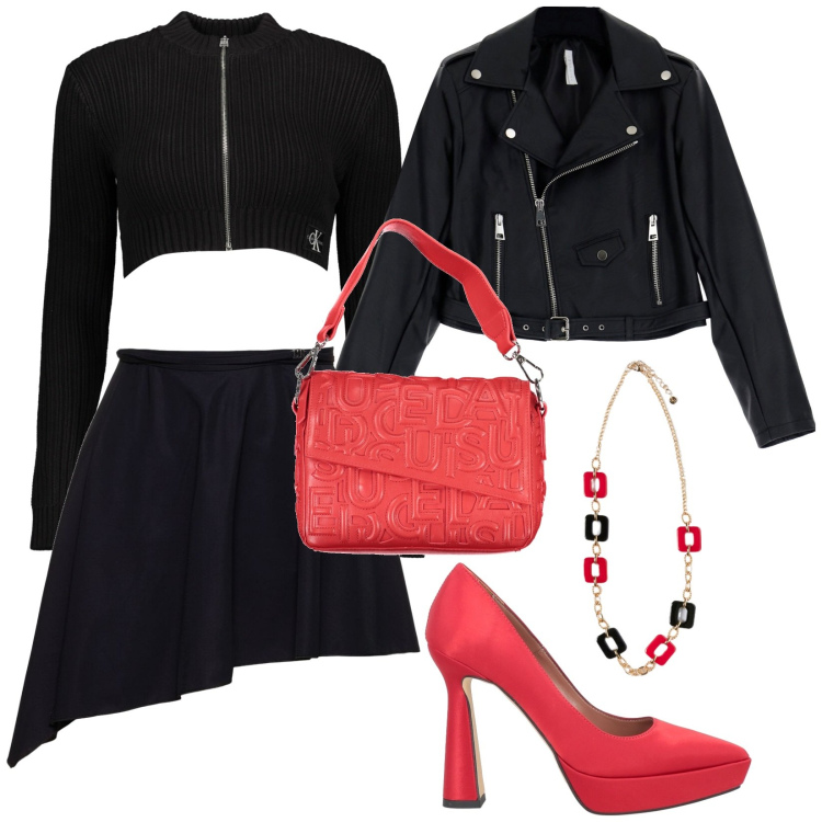 Outfit donna - Uscita sotto le stelle. Stile Trendy per Serata fuori. Abbinamento con décolleté, giacche, cardigans, minigonne, collane, ciondoli.