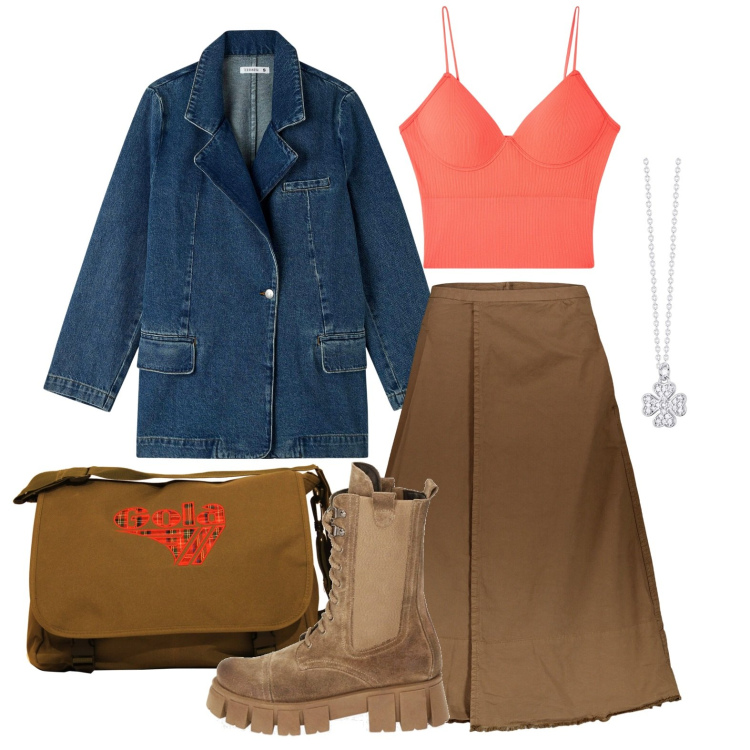 Outfit donna - Ghost outfitter - aprile. Stile Casual per Tutti i giorni. Abbinamento con blazer, top, collane, anfibi, gonne lunghe, borse a spalla.