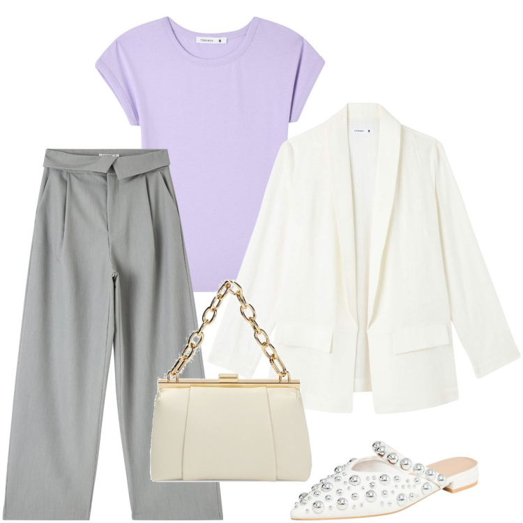 Outfit donna - Elegante con la t-shirt. Stile Bon Ton per Cerimonia. Abbinamento con t-shirt, ballerine, pantaloni, blazer, borse a spalla.