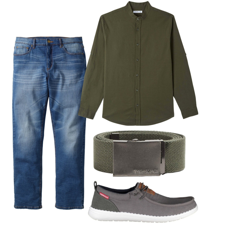 Outfit uomo - Pendant militare. Stile Casual per Tutti i giorni. Abbinamento con jeans dritti, camicie, cinture, scarpe stringate.