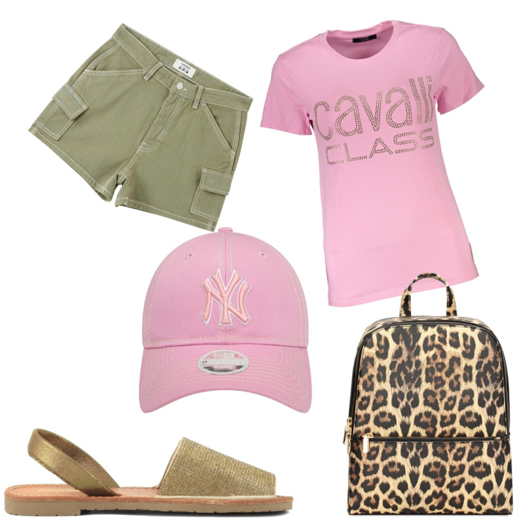 Outfit donna - Cavalli class. Stile Casual per Tutti i giorni. Abbinamento con pantaloni corti, zaini, t-shirt, sandali in pelle, cappelli con visiera.