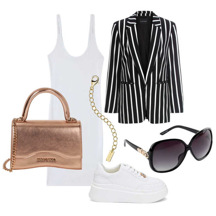 Outfit donna - Ghost outfitter - aprile. Stile Casual chic per Tutti i giorni. Abbinamento con blazer, occhiali da sole, vestiti, collane, sneakers, borse a mano.
