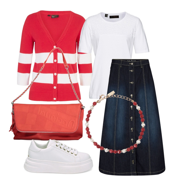 Outfit donna - Ghost outfitter - aprile. Stile Casual chic per Tutti i giorni. Abbinamento con gonne longuette, cardigans, t-shirt, braccialetti, sneakers, borse a mano.