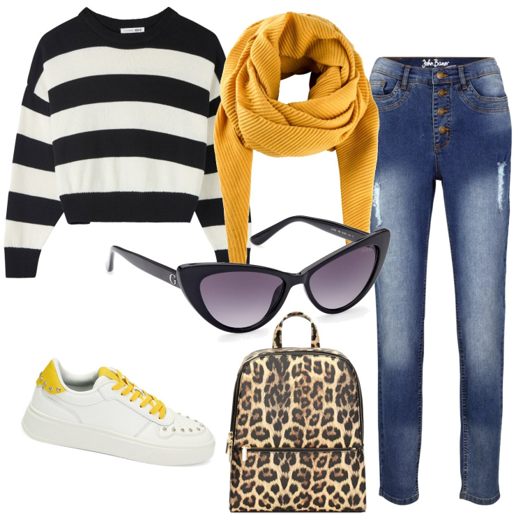 Outfit donna - La maglia a righe. Stile Casual per Scuola/Università. Abbinamento con foulard, jeans skinny, maglieria, zaini, sneakers, occhiali da sole.
