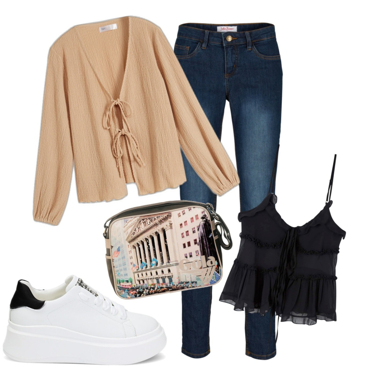 Outfit donna - Semplicemente sexy. Stile Casual per Serata fuori. Abbinamento con jeans skinny, cardigans, top, sneakers, borse a spalla.