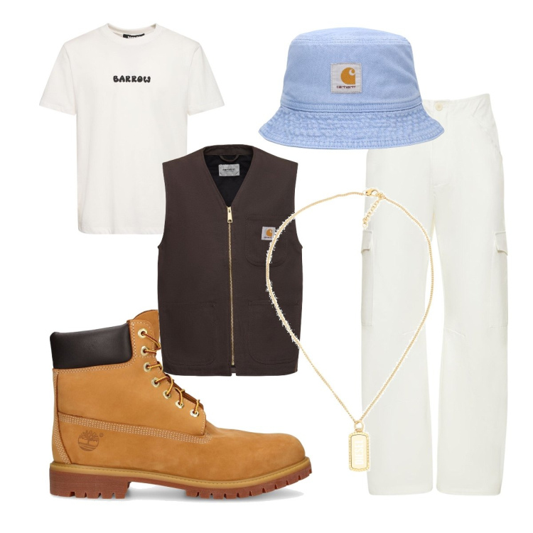 Outfit uomo - Total look #1848334. Stile Casual per Tutti i giorni. Abbinamento con collane, gilet, pantaloni cargo, stivali, t-shirt, cappelli.