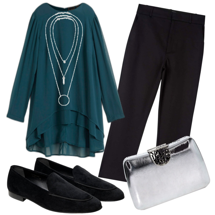 Outfit donna - Verde petrolio. Stile Bon Ton per Ufficio. Abbinamento con ciondoli, tuniche, pantaloni chino, clutch, mocassini.
