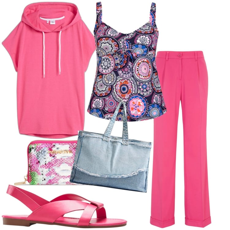 Outfit donna - Fucsia. Stile Casual per Tutti i giorni. Abbinamento con top, pantaloni, maglieria, sandali, shopping bag, portafogli.