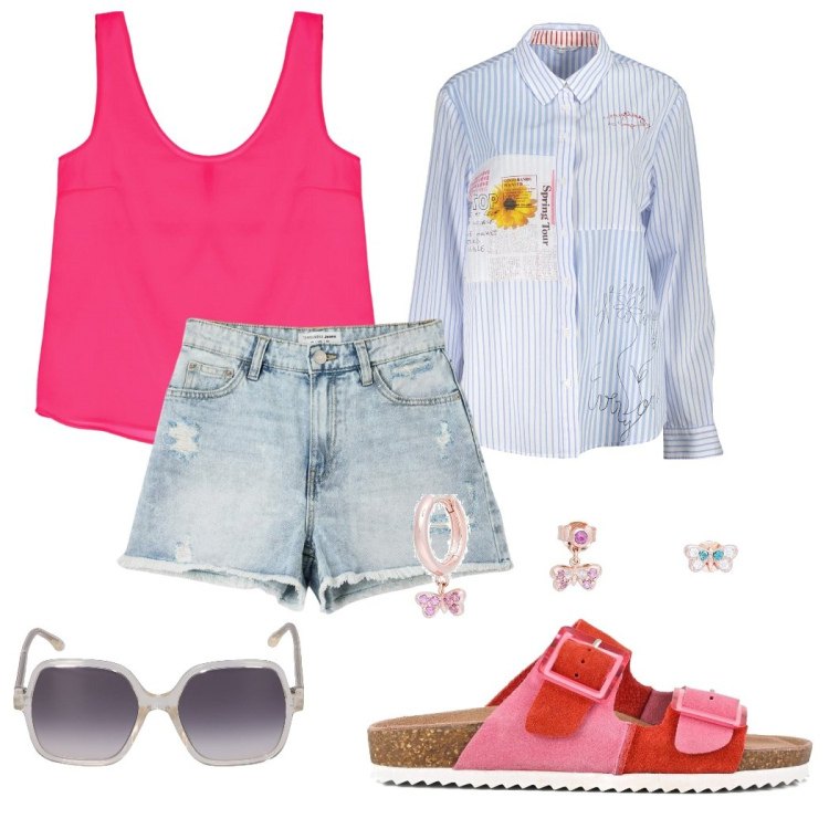 Outfit donna - Verano rosa. Stile Basic per Tutti i giorni. Abbinamento con orecchini, shorts, canottiere, camicie, occhiali da sole, sandali.