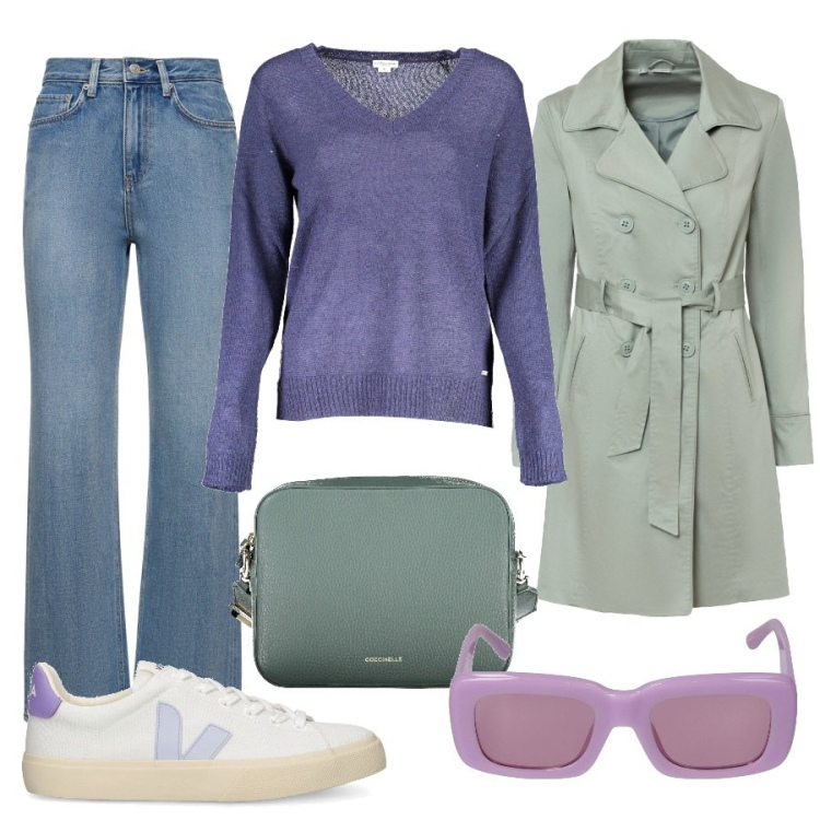 Outfit donna - Total look #1848391. Stile Trendy per Scuola/Università. Abbinamento con trench, maglieria, sneakers, jeans, borse a tracolla, occhiali da sole.