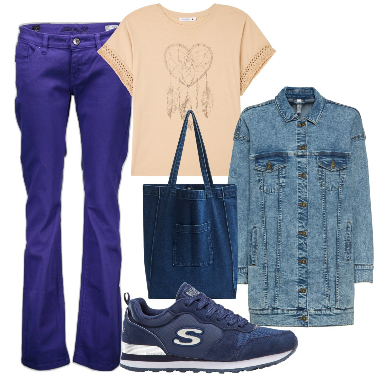 Outfit donna - Jeans di primavera. Stile Casual chic per Tutti i giorni. Abbinamento con blazer, sneakers, t-shirt, shopping bag, pantaloni.