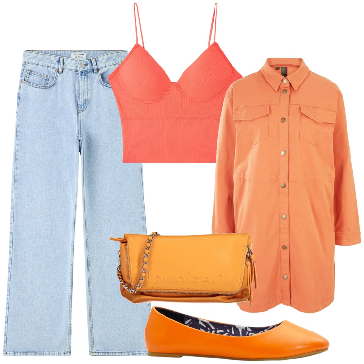 Outfit donna - Jeans di primavera. Stile Casual chic per Tutti i giorni. Abbinamento con cappotti, ballerine, jeans, top, borse a mano.