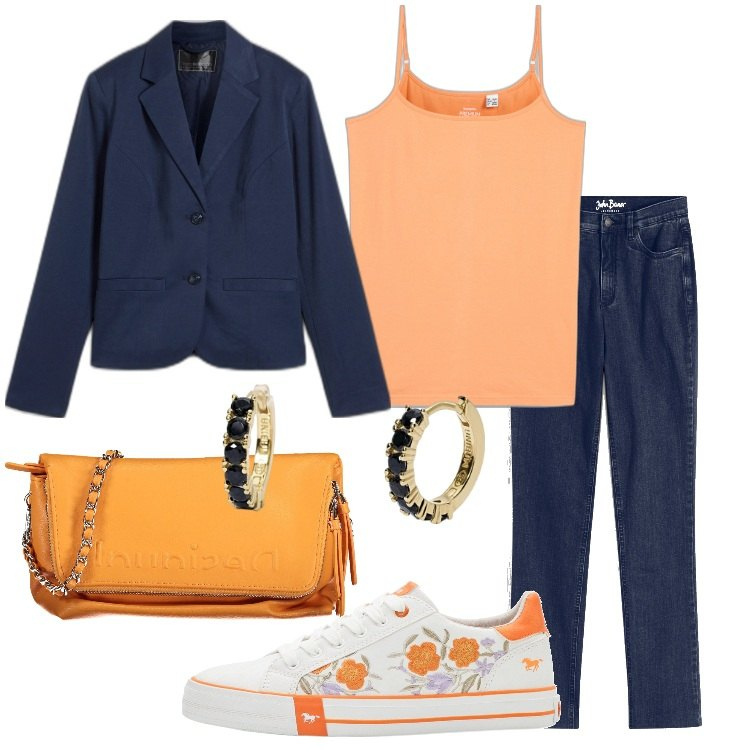 Outfit donna - Curvy Basic. Stile Basic per Tutti i giorni. Abbinamento con sneakers, jeans dritti, blazer, top, orecchini, borse a mano.