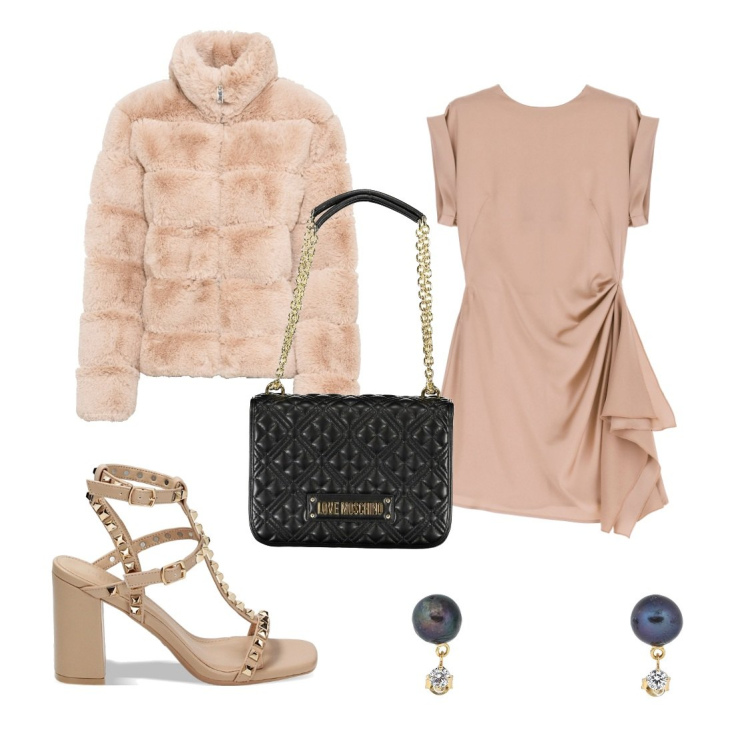 Outfit donna - Sweet. Stile Chic per Serata fuori. Abbinamento con ecopellicce, orecchini, vestiti corti, sandali col tacco, borse a tracolla.