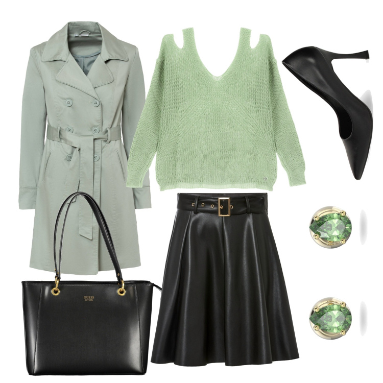 Outfit donna - I love my trench. Stile Chic per Ufficio. Abbinamento con trench, gonne, orecchini, pullovers, décolleté, borse a spalla.